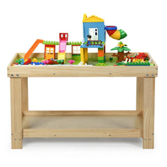 Kids Wooden Activity Play Table with Block Board and Storage Shelf, Natural Pine