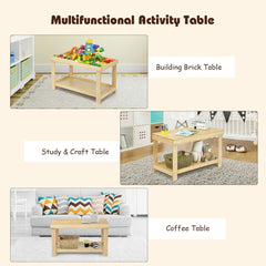 Kids Wooden Activity Play Table with Block Board and Storage Shelf, Natural Pine