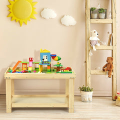 Kids Wooden Activity Play Table with Block Board and Storage Shelf, Natural Pine