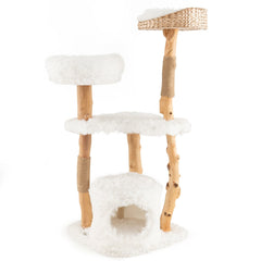 49 Inch Pear Wood Cat Tower with a Hand Woven Cattail Top Basket