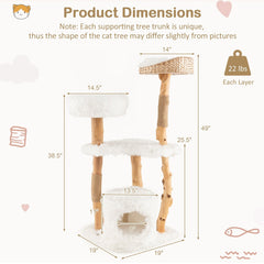 49 Inch Pear Wood Cat Tower with a Hand Woven Cattail Top Basket