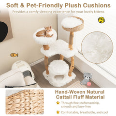 49 Inch Pear Wood Cat Tower with a Hand Woven Cattail Top Basket