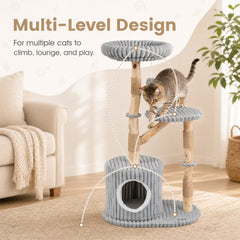 Grey Ribbed Cat Tree 41 Inches with a Round Condo and Branch Platform