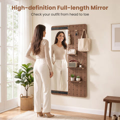 Solid Wood Full Length Mirror with Pegboard & Shelves and Hooks for Entryway-Brown