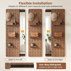 Solid Wood Full Length Mirror with Pegboard & Shelves and Hooks for Entryway-Brown