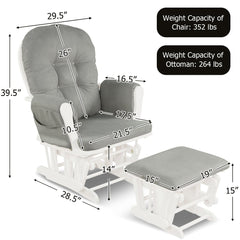 Wood Glider and Ottoman Set with Padded Armrests and Detachable Cushion-Light Gray