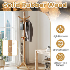 Solid Wood Hall Tree with 11 Hooks and 3 Height Options for Entryway-Natural