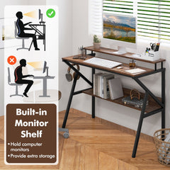 Space Saving Computer Desk with Monitor Stand and Extra Storage Shelf for Work Study-Rustic Brown