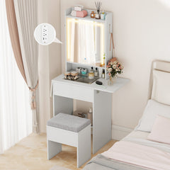 Space-saving Vanity Desk with Mirror and Lights for Bedroom-White