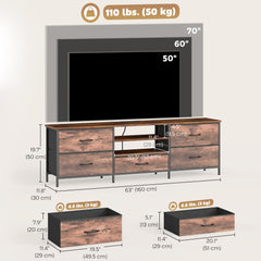 TV Stand for TVs up to 65 Inch, Industrial TV Console with Charging Station, 5 Drawers and Open Shelves, Rustic Brown