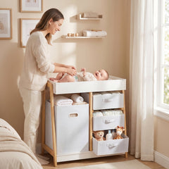 Baby Changing Table, Diaper Changing Station with Waterproof Pad, 3 Drawers and Large Basket for Newborn & Infant, White