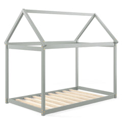 Twin House Frame Kids Floor Bed with Pitched Roof and Wooden Slats, Grey