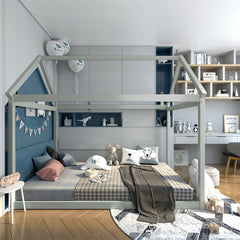 Twin House Frame Kids Floor Bed with Pitched Roof and Wooden Slats, Grey