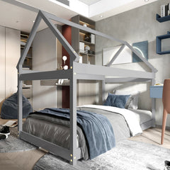 Twin House Frame Kids Floor Bed with Pitched Roof and Wooden Slats, Grey