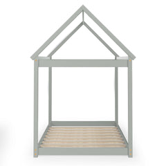 Twin House Frame Kids Floor Bed with Pitched Roof and Wooden Slats, Grey