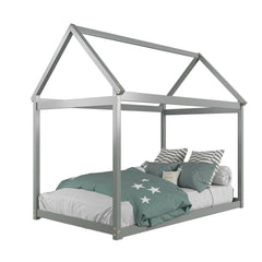 Twin House Frame Kids Floor Bed with Pitched Roof and Wooden Slats, Grey