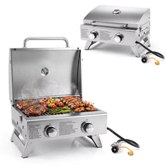 Stainless Steel Propane Grill with Lid for Outdoor Camping Tailgating Picnic Party-Silver