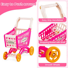 Supermarket Playset for Kids 76 PCS Pretend Play Grocery Store Set with Shopping Cart-Pink