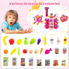 Supermarket Playset for Kids 76 PCS Pretend Play Grocery Store Set with Shopping Cart-Pink