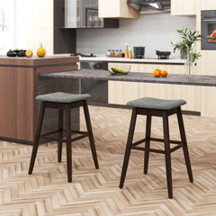 Set of 2 Backless Swivel Saddle Stools in Grey Linen on Rubber Wood Legs