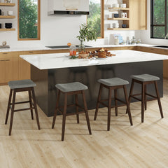 Set of 2 Backless Swivel Saddle Stools in Grey Linen on Rubber Wood Legs