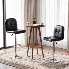 Set of 2 Gas Lift Swivel Bar Stools in Black Faux Leather, 24 to 32 Inch Seat