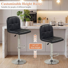 Set of 2 Gas Lift Swivel Bar Stools in Black Faux Leather, 24 to 32 Inch Seat