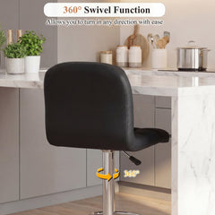 Set of 2 Gas Lift Swivel Bar Stools in Black Faux Leather, 24 to 32 Inch Seat