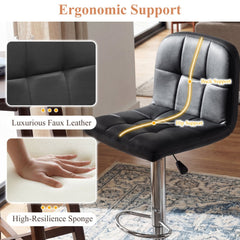 Set of 2 Gas Lift Swivel Bar Stools in Black Faux Leather, 24 to 32 Inch Seat