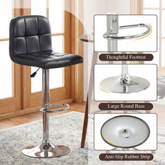 Set of 2 Gas Lift Swivel Bar Stools in Black Faux Leather, 24 to 32 Inch Seat
