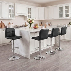 Set of 2 Gas Lift Swivel Bar Stools in Black Faux Leather, 24 to 32 Inch Seat