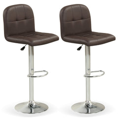Set of 2 Gas Lift Swivel Bar Stools in Brown Faux Leather, 24 to 32 Inch Seat