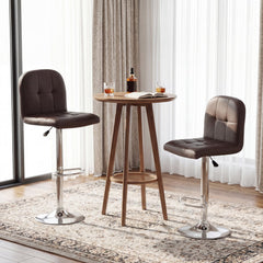 Set of 2 Gas Lift Swivel Bar Stools in Brown Faux Leather, 24 to 32 Inch Seat