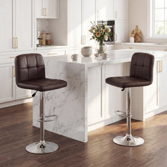 Set of 2 Gas Lift Swivel Bar Stools in Brown Faux Leather, 24 to 32 Inch Seat