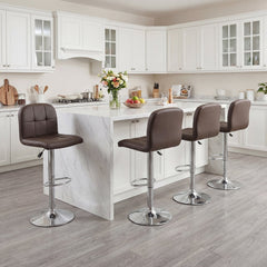 Set of 2 Gas Lift Swivel Bar Stools in Brown Faux Leather, 24 to 32 Inch Seat
