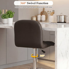Set of 2 Gas Lift Swivel Bar Stools in Brown Faux Leather, 24 to 32 Inch Seat