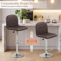 Set of 2 Gas Lift Swivel Bar Stools in Brown Faux Leather, 24 to 32 Inch Seat