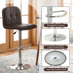 Set of 2 Gas Lift Swivel Bar Stools in Brown Faux Leather, 24 to 32 Inch Seat