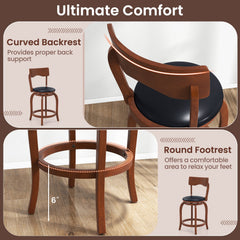 Set of 2 Curved Back Swivel Counter Stools in Espresso, 24 Inch Seat