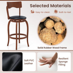 Set of 2 Curved Back Swivel Bar Stools in Espresso, 29 Inch Seat