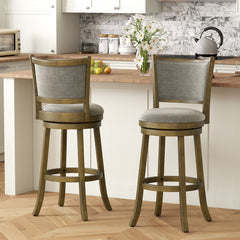 Set of 2 Padded Back Swivel Bar Stools in Grey Linen, 30 Inch Seat