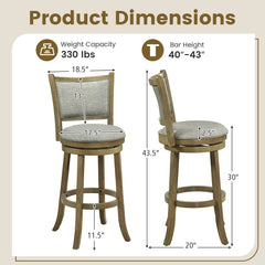 Set of 2 Padded Back Swivel Bar Stools in Grey Linen, 30 Inch Seat