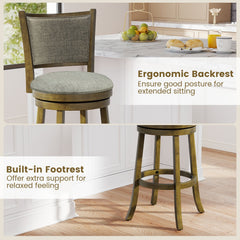 Set of 2 Padded Back Swivel Bar Stools in Grey Linen, 30 Inch Seat