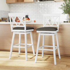 Set of 4 Cross Back Swivel Bar Stools in White, 29 Inch Seats