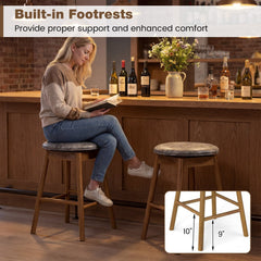 Set of 2 Backless Swivel Counter Stools with Natural Wood Legs, 25 Inch Seat