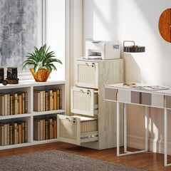 2 Drawer Filing Cabinet with Lock, Boho File Cabinet for A4 Letter Size Files with Decorative Rattan Accents, Oak