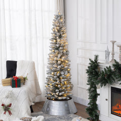 5ft Artificial Prelit Christmas Tree with Warm White LED Light, Snow Flocked Branches, Metal Base, Pencil Xmas Tree