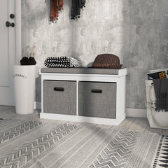 Shoe Storage Bench with Seat, Entryway Bench Seat with Cushion, 2 Fabric Drawers for Hallway, White