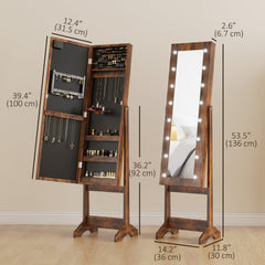 Free Standing Armoire Organizer, Lighted Mirrored Jewelry Cabinet w/ Angle Adjustable & 16 LED Lights Warm White