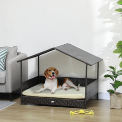 Rattan Dog House with Canopy, Wicker Dog Bed with Water-Resistant Cushion, for Small and Medium Breeds Blue
